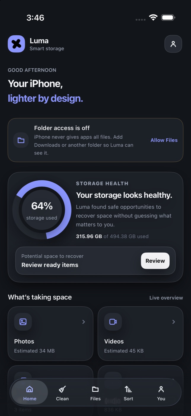 Luma home on iPhone, showing storage health and what’s taking space.